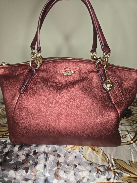 Coach Handbags - Coach Metallic Burgundy Pebbled Leather Satchel Crossbody Bag Gold Hardware